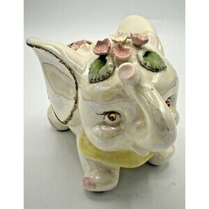 Vintage Essay Japan Piggy Bank 3D Flowers & Leaves Glitter Ears Yellow Bib  5"